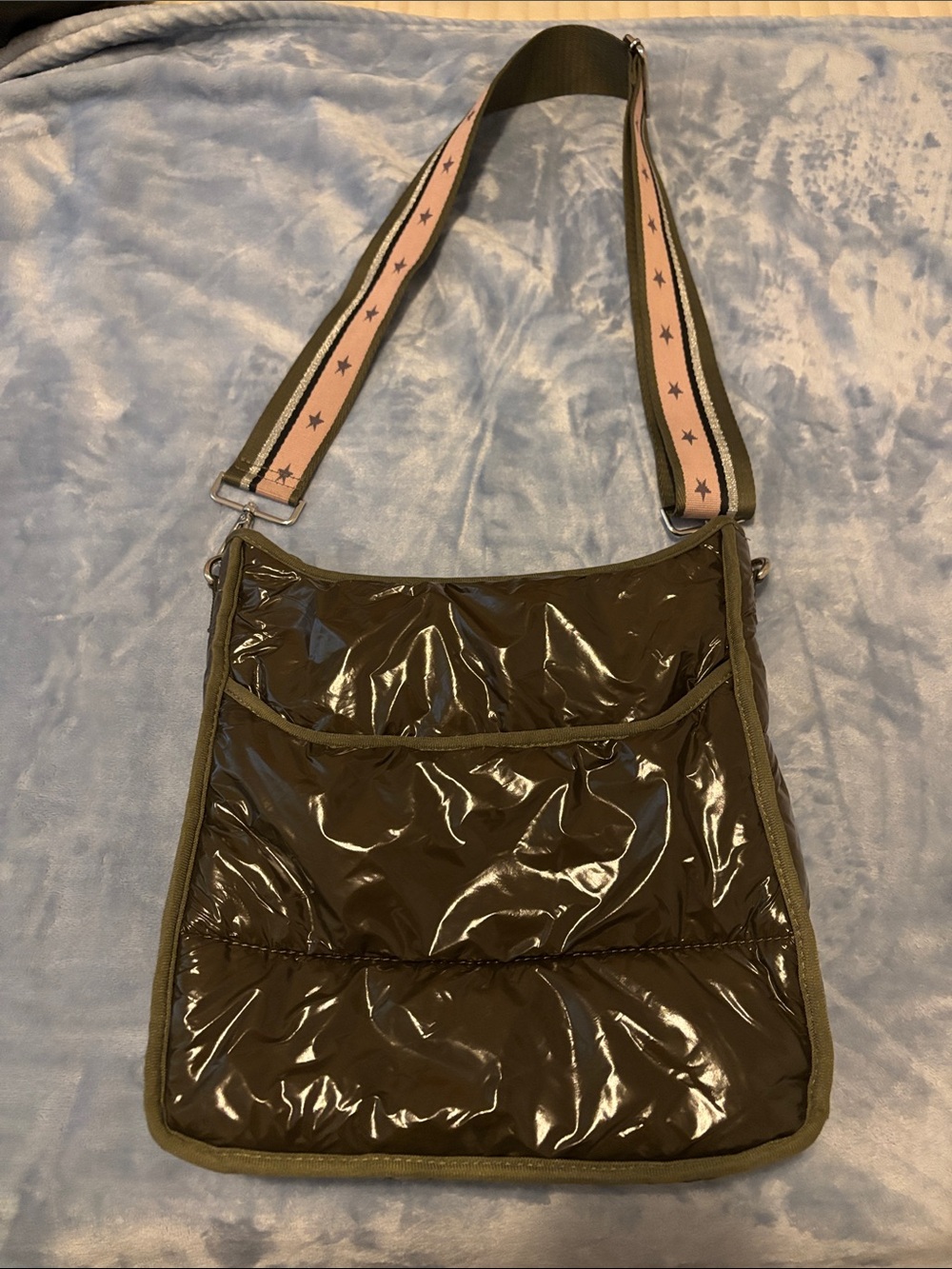 Olive Green Patent Crossbody Tote with Pink Star Strap